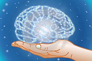 Glowing human brain illustration on hand