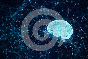 A glowing human brain model surrounded by a digital network representing artificial intelligence.