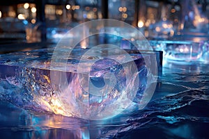 Glowing ice cubes on a dark reflective surface