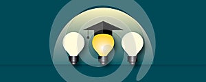 Glowing idea light bulb with cap on blue background, Design for innovation thinking creative or success inspiration.