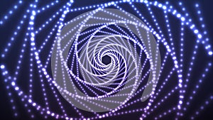 Glowing infinite twisted tunnel. Fractal geometry. Abstract background with lights particles.