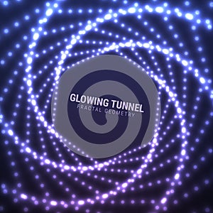 Glowing infinite twisted tunnel. Fractal geometry. Abstract background with lights particles