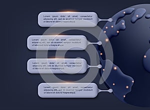 Glowing information bars around globe symbolizing global communication, analytics and data network. 3D Vector Web Illustration