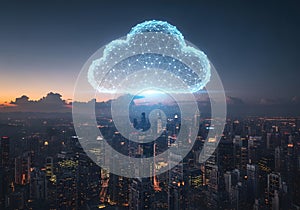 Digital Cloud Over Futuristic Cityscape at Dusk