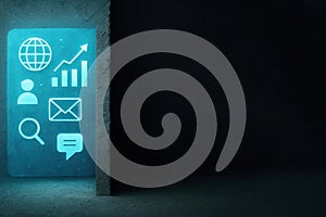 A glowing interface of the future in a dark room. Space for text.