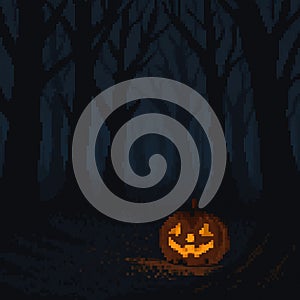 Glowing Jack O Lantern In Dark Forest