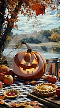 Happy Pumpkin with a Candle Inside, Glowing Jack-O\'-Lantern photo