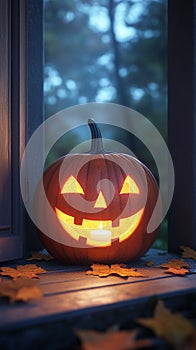 Happy Pumpkin with a Candle Inside, Glowing Jack-O\'-Lantern photo