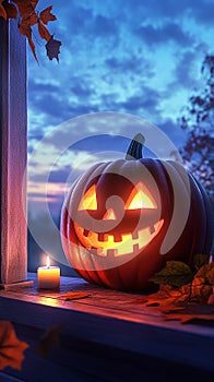 Happy Pumpkin with a Candle Inside, Glowing Jack-O\'-Lantern photo