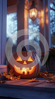 Happy Pumpkin with a Candle Inside, Glowing Jack-O\'-Lantern photo