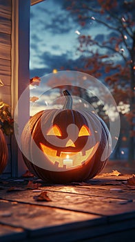 Happy Pumpkin with a Candle Inside, Glowing Jack-O\'-Lantern photo