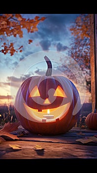 Happy Pumpkin with a Candle Inside, Glowing Jack-O\'-Lantern photo