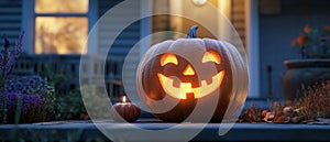 Happy Pumpkin with a Candle Inside, Glowing Jack-O\'-Lantern photo