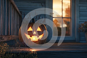 Happy Pumpkin with a Candle Inside, Glowing Jack-O\'-Lantern photo