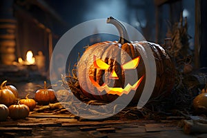 Glowing jack-o-lantern pumpkin on a wooden tabletop all around leaves background window and darkness, a Halloween image