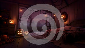 Glowing jack-o-lantern pumpkins hung in the room overlooking the terrace, bed, trees and autumn, a Halloween image