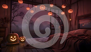 Glowing jack-o-lantern pumpkins hung in the room overlooking the terrace, bed, trees and autumn, a Halloween image