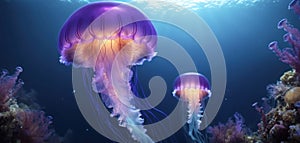A glowing jellyfish captured in a dark, deep ocean environment, its translucent body pulsating with photo