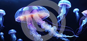 A glowing jellyfish captured in a dark, deep ocean environment, its translucent body pulsating with photo