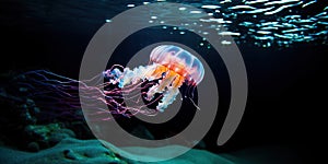 Glowing jellyfish deep underwater , concept of Bioluminescence, created with Generative AI technology