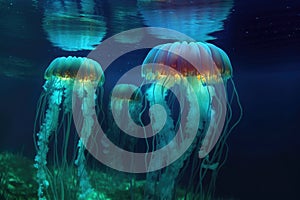 glowing jellyfish reflecting light on ocean floor