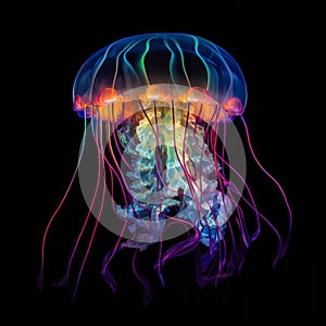 Glowing jellyfish swim deep in blue sea. Neon jellyfish.