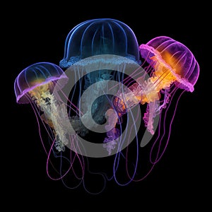 Glowing jellyfish swim deep in blue sea. Neon jellyfish.