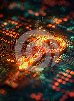 Glowing key symbol on a circuit board pattern illustrating data encryption cybersecurity and digital privacy with binary code and