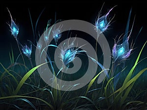 Glowing Kirlian-Style Flowers and Leaves on Dark Background photo