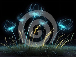 Glowing Kirlian-Style Flowers and Leaves on Dark Background photo