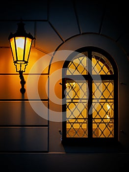 glowing lamp hanging wall window night.
