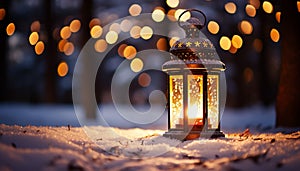 Glowing lantern illuminates snowy winter night, celebrating Christmas outdoors generated by AI