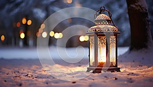Glowing lantern illuminates snowy winter night outdoors generated by AI