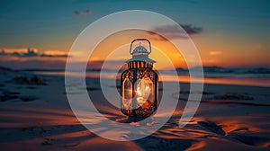 Glowing lantern illuminates tranquil dusk on beach, AI Generative