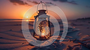 Glowing lantern illuminates tranquil dusk on beach, AI Generative