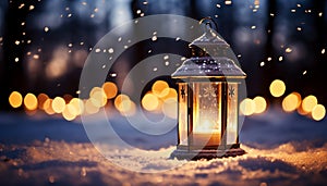 Glowing lantern illuminates winter night, celebrating snow and decoration generated by AI
