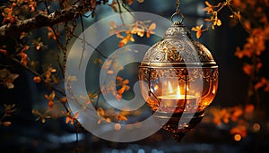 Glowing lantern illuminates winter night, symbolizing Christmas celebration generated by AI