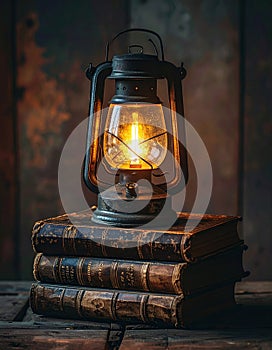 A Glowing Lantern on a Stack of Vintage Books