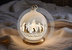 Glowing lantern in style of Christmas Ball, holiday religious backdrop