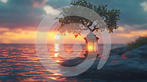Glowing lantern under a tree at sunset by the sea