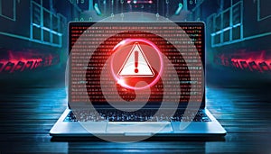 glowing laptop screen displays red error message surrounded by dark shadows and floating binary code, creating sense of urgency