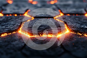 Glowing Lava Pattern in Hexagonal Cracks - Abstract Geothermal Background for Design Generative AI