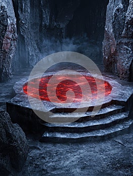 Glowing lava pool in dark cave