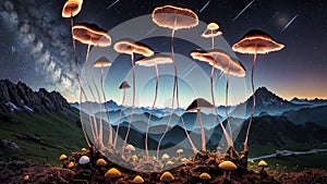 Glowing liberty cap magic mushrooms dissolve in dawn, a.i. generated