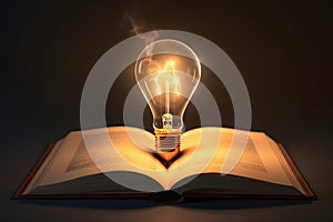 Glowing light bulb on book. knowledge concept.