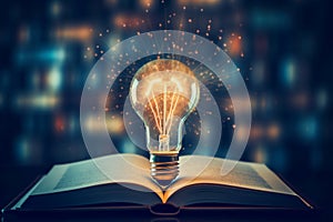 Glowing light bulb on a book, power of knowledge, inspiration from reading and learning concept. Generative AI