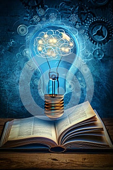 Glowing Light Bulb with Brain Inside on Open Book, Concept of Knowledge, Creativity, and Innovation