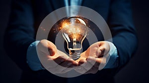 Glowing light bulb in businessman hands, brainstorming new ideas with creativity and save energy concept background. Genernative