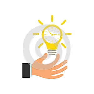 Glowing light bulb in a businessman\'s hand. Clock inside a light bulb. Time concept. Illustration