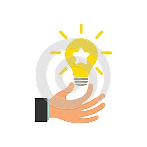 Glowing light bulb in a businessman\'s hand. Star icon with light bulb. Illustration